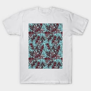 Botanicals and Dots - Hand Drawn Design - Blue, Red, White, Teal T-Shirt